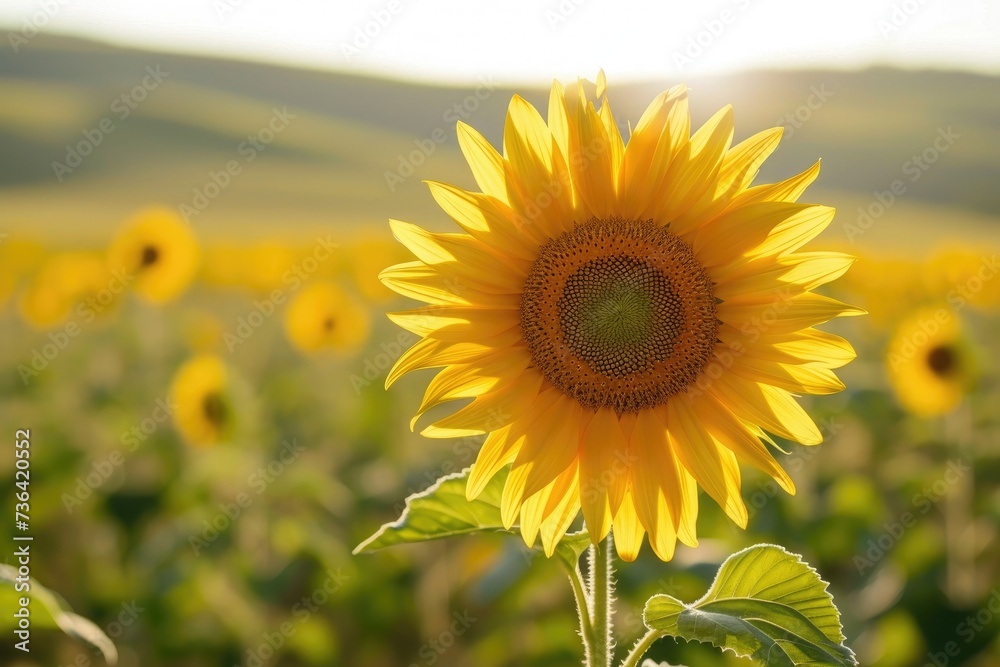 Fototapeta premium A large sunflower stands tall amidst a vibrant field of sunflowers, showcasing its stunning beauty, Binary sunflower made out of numbers in a field, AI Generated