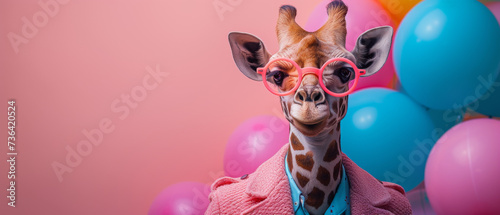 A fashionable giraffe stands out in a sea of furry mammals, adorned with pink glasses and a coat as it playfully holds onto a purple balloon © Daniel