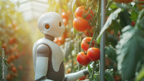Smart robotic farmers in agriculture futuristic robot automation work harvest tomato plant on vertical farm in greenhouse. Generative AI