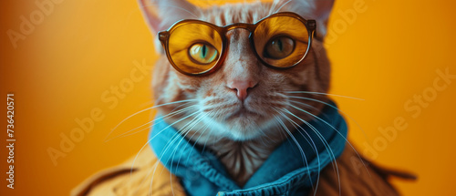 A stylish domestic cat with vibrant orange fur and striking yellow eyes confidently dons a pair of glasses and a dapper jacket, showcasing both intelligence and fashion sense