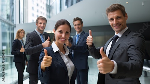 A team of male and female business professionals giving thumbs up in an environment of success, or teamwork in a corporate, good business. Good result, win, and success working 