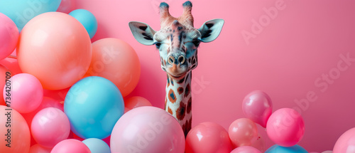 A majestic giraffe playfully holds onto a bouquet of vibrant balloons, adding a whimsical touch to any party or event