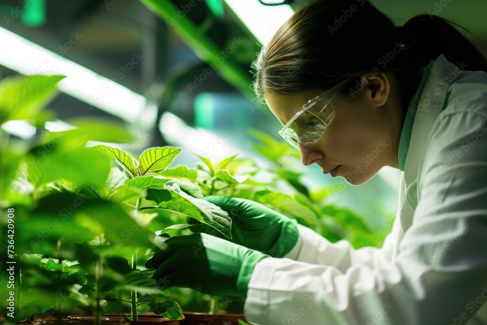 A female scientist in a lab coat carefully examines plants in a research laboratory setting, Biological engineer working on plant genetics, AI Generated A female scientist in a lab coat carefully examines plants in a research laboratory setting, Biological engineer working on plant genetics, AI Generated