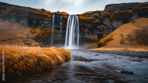 Majestic waterfall streaming over cliff edges during golden hour. serene nature scene perfect for wallpapers or backgrounds. AI