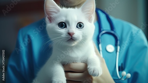 take cat to the veterinarian. bring cat for vaccination. A veterinarian cradles a white domestic cat, symbolizing professional pet care  © Ilmi