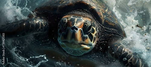 Majestic sea turtle swimming in ocean waves. wildlife portrait, marine beauty. nature photography style. aquatic animal. AI photo