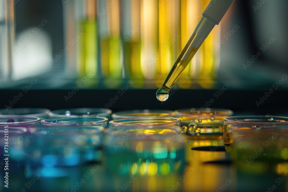A scientist carefully pours a liquid into a glass beaker in a modern laboratory setting, Biotech experiment going wrong, AI Generated A scientist carefully pours a liquid into a glass beaker in a modern laboratory setting, Biotech experiment going wrong, AI Generated