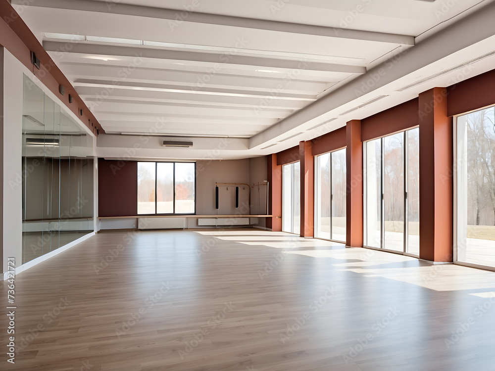 Image of a modern empty dance studio in the health club design
