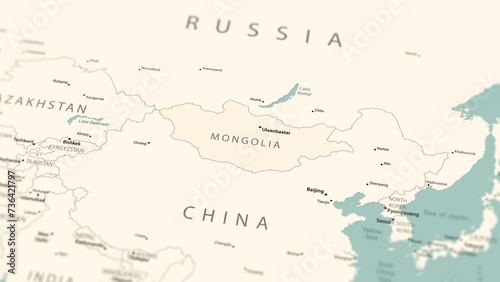 Mongolia on the world map. Smooth map rotation. 4K animation. photo