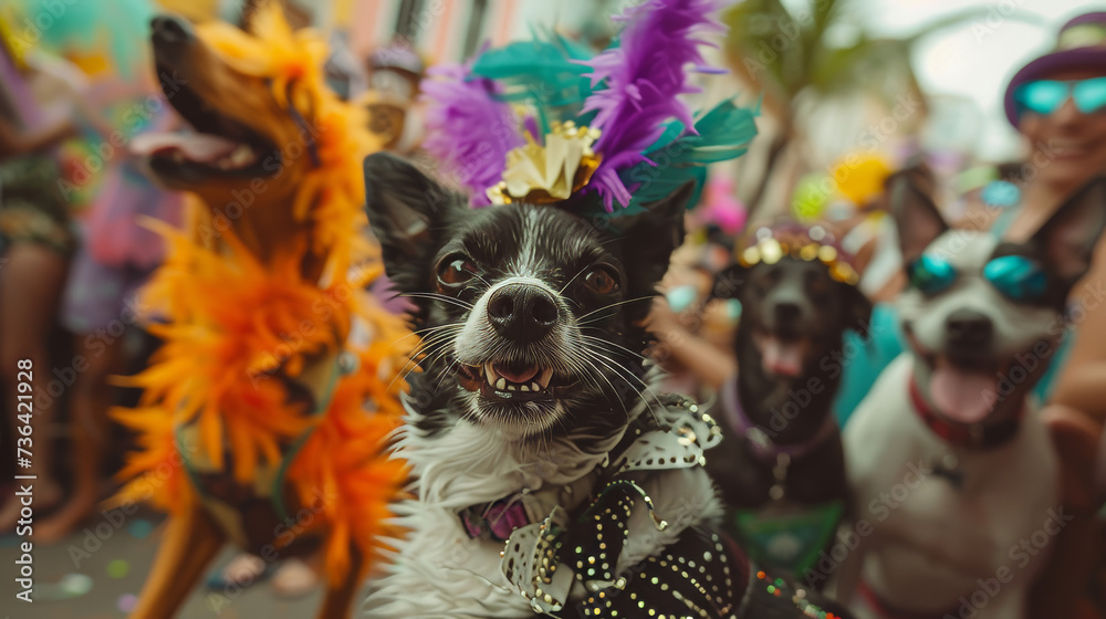 A festive group of dogs dressed in colorful carnival attire dance joyfully alongside their human companions at an outdoor festival. Festival