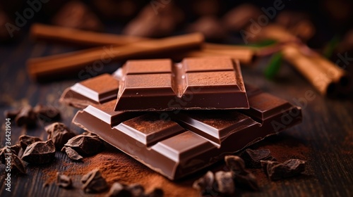 close up delicious chocolate bar. Appetizing chocolate made from natural cocoa. Dark chocolate on dark background