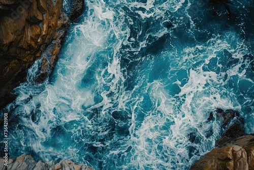 Aerial View of a Large, Clear Body of Water Surrounded by Lush Greenery, Bird's eye capture of a sea painting patterns on a rocky canvas, AI Generated