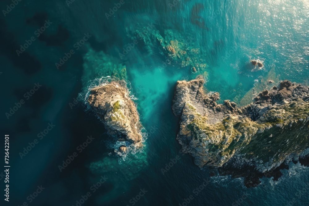 This aerial photograph captures a view of two massive rocks jutting out of the ocean in San Diego, California, Bird's eye perspective of a tranquil sea cradling a rocky isle, AI Generated - obrazy, fototapety, plakaty 