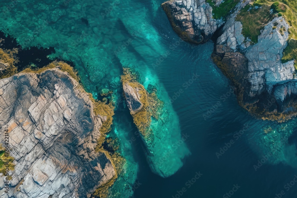 Aerial View of a Rock-Encircled Body of Water, Bird's eye perspective of a tranquil sea cradling a rocky isle, AI Generated