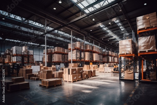 Modern Warehouse Interior with Rows of Shelves Filled with Boxes © Baba Images