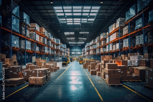 Modern Warehouse Interior with Rows of Shelves Filled with Boxes