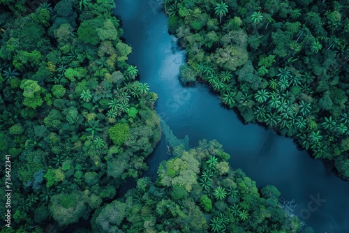 A winding river meanders through a vibrant green forest, creating a picturesque scene of natures beauty, Bird's eye view of a majestic river flowing through a rainforest, AI Generated