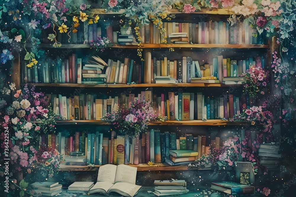 Enchanting bookshelf overflowing with blooms. vintage style library scene with floral accents. a perfect backdrop for creative minds and artists. AI