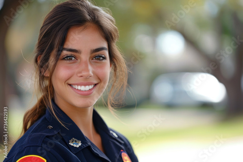 Hispanic woman wearing Emergency Services Dispatcher uniform on duty photo