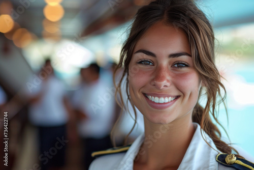 Hispanic woman wearing cruise ship staff uniform, boat service crew