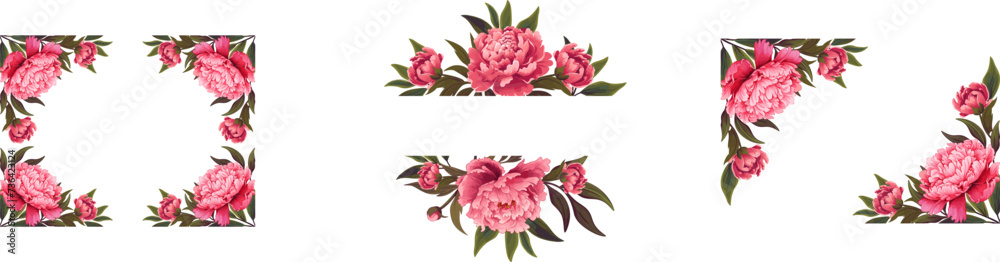 Geometric border with flowers. Abstract floral frame . Golden banner with flowers. Luxury frames with pink peonies. Watercolor floral elements. Wedding decoration Geometric border with flowers. Abstract floral frame . Golden banner with flowers. Luxury frames with pink peonies. Watercolor floral elements. Wedding decoration