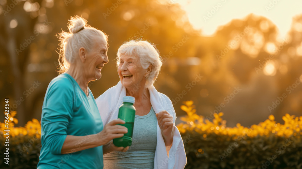 two elderly women in sportswear, holding water bottles and smiling at each other, enjoying a conversation during a workout session in a sunlit outdoor setting. two elderly women in sportswear, holding water bottles and smiling at each other, enjoying a conversation during a workout session in a sunlit outdoor setting.