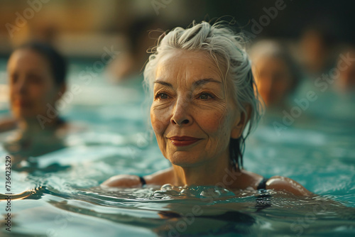Retired elderly lady enjoying an exercise routine at the swimming pool. photo