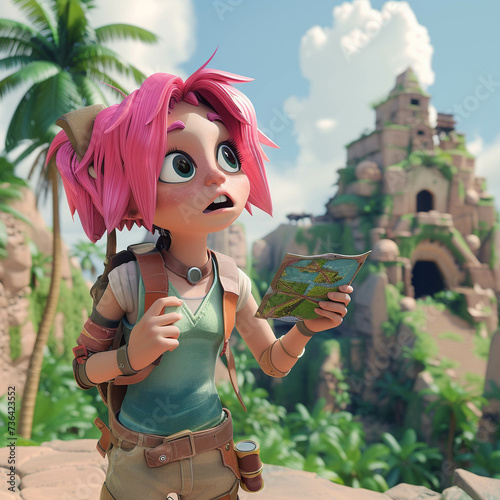 3D cartoon adventurer with pink hair explores ancient forgotten ruins photo