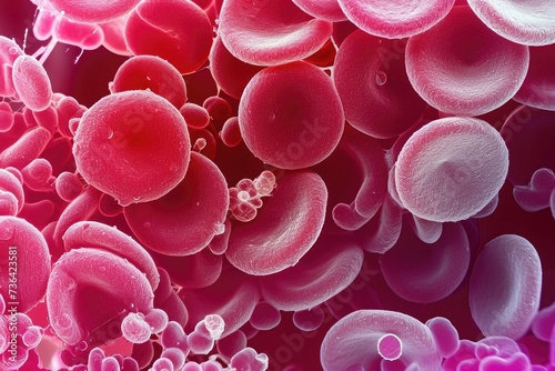 A detailed view of a red and pink substance under examination in a laboratory petri dish, Blood cells under a microscope in extraordinary detail, AI Generated