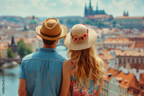 Young couple exploring the charming streets of a European-inspired city during their summer vacation.