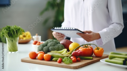 A nutritionist in a medical uniform advises a patient about a healthy lifestyle and healthy food. close up Nutritionist or Dietitian consultation.