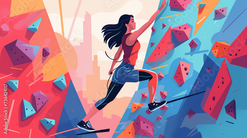 Woman on a colorful climbing wall