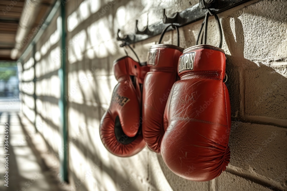 A line of red boxing gloves hang in neat succession along a wall, creating a striking visual display, Boxing gloves hanging on a gym wall, AI Generated