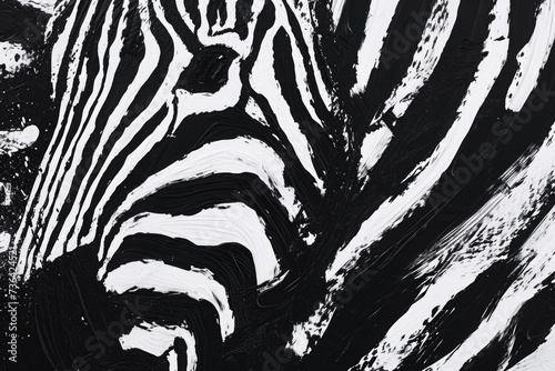 A black and white painting capturing the lively movement of a zebra, Bold strokes of black and white, creating a zebra pattern, AI Generated