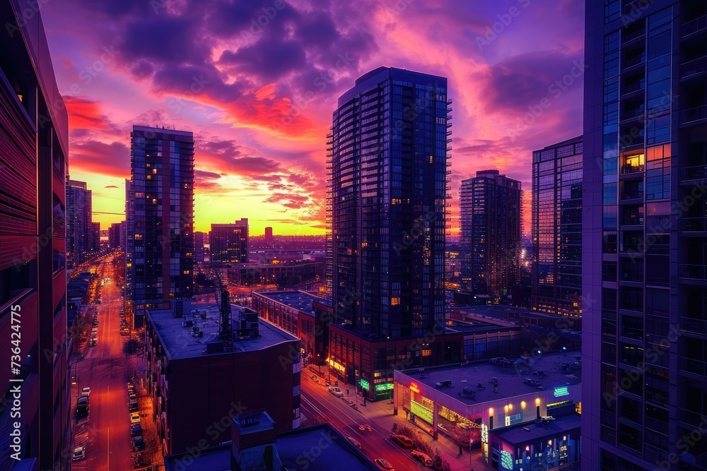 This photo captures the stunning view of a city at sunset, showcasing a birds-eye perspective from a tall building, Breathtaking view of a cityscape during a colorful sunset, AI Generated