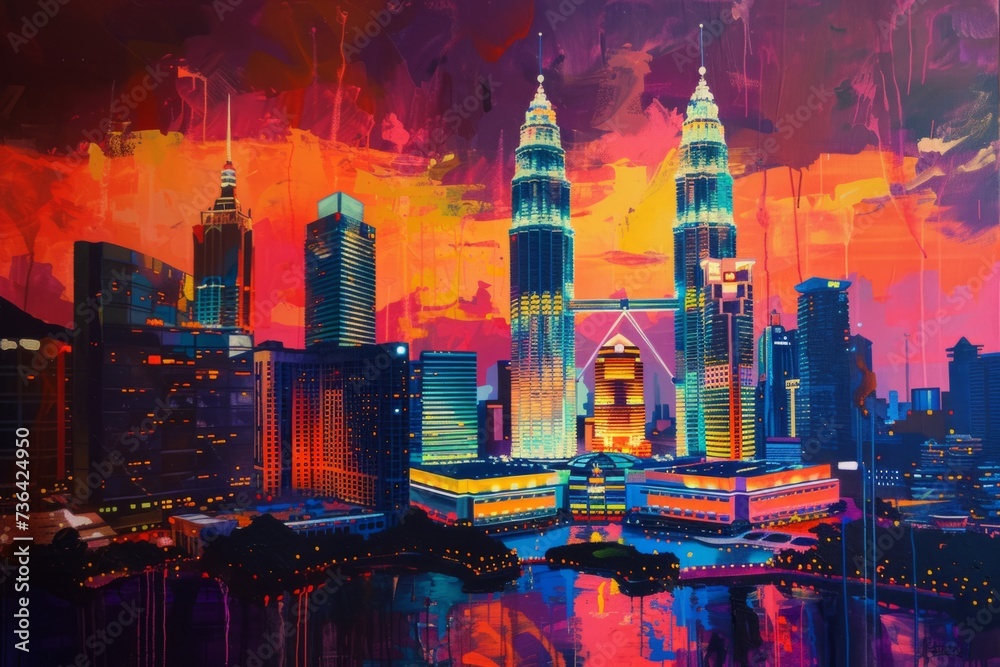 City skyline at sunset acrylic on canvas Generative AI