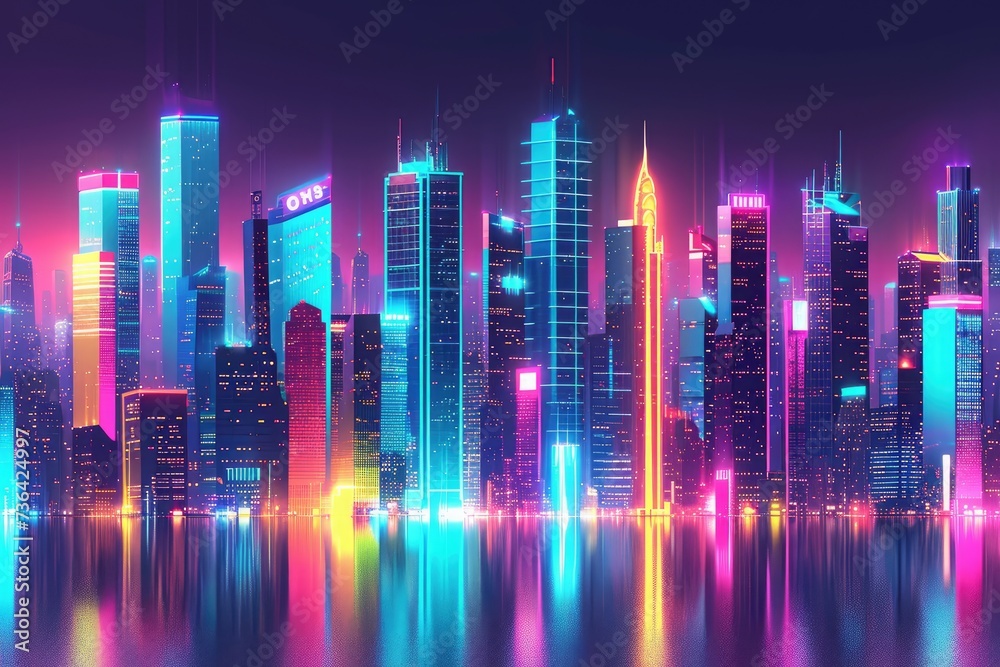 A stunning cityscape with vibrant lights reflecting on the water, showcasing the dynamic energy of the urban environment, Bright city skyline with neon-colored skyscrapers, AI Generated