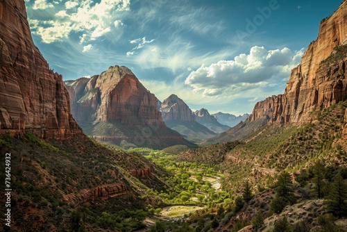 A sprawling valley with towering mountains in the distance provides a breathtaking vista of natural beauty, Breathtaking view of Zion National Park, AI Generated