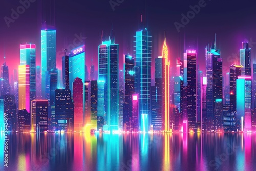 A stunning cityscape with vibrant lights reflecting on the water  showcasing the dynamic energy of the urban environment  Bright city skyline with neon-colored skyscrapers  AI Generated