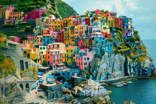 A colorful village built on a cliff  providing a stunning view of the surrounding body of water  Brightly colored buildings of a cliffside mediterranean village  AI Generated