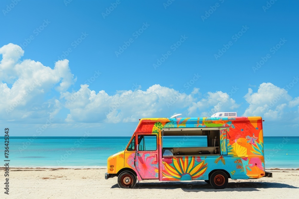 A vibrant, multi-colored food truck parked on the sandy beach, serving delicious meals to beachgoers, Brightly colored food truck on a sandy beach, AI Generated