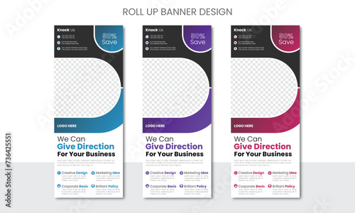 Creative corporate business roll up banner bundle template, x rollup pullup pop up signage retractable banner.3 color set of gradient layout with print ready design.