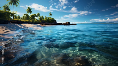 A tranquil cobalt blue ocean, with a lone palm tree swaying in the gentle sea breeze