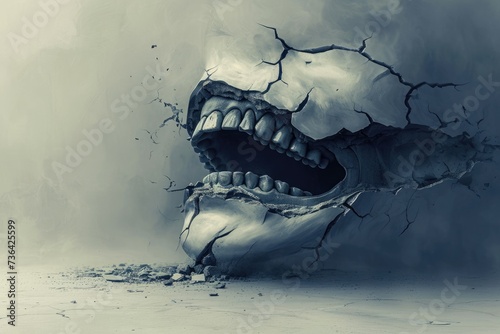 A skull with its mouth gaping open and a hole in the ground, emphasizing macabre elements, Broken jaw depicted in an eerie, surreal style, AI Generated photo