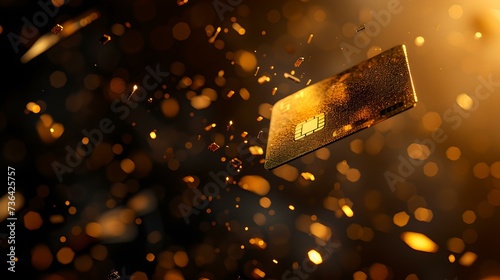 Golden credit card soaring amidst a sparkling storm. concept of luxury purchases. ideal for financial and banking themes. e-commerce and rewards concept. AI photo