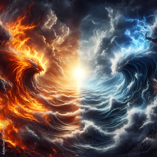 the elemental forces of fire and water with an image depicting a dramatic confrontation between flames and waves, generative ai