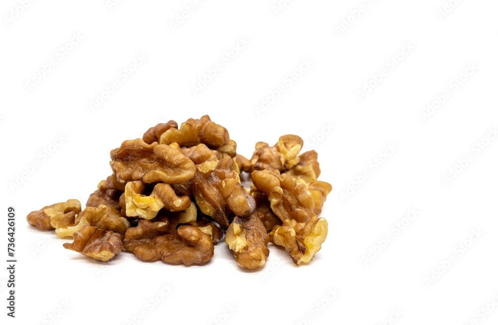 Closeup of Walnut Heap Isolate on White Background with Copy Space, Healthy Eating and Lifestyle Concept