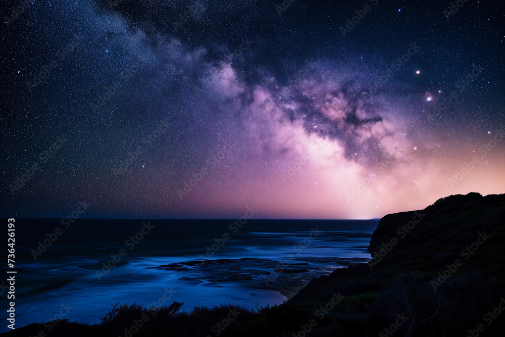 Milky Way over the Atlantic Ocean with a rocky coastline in the foreground
