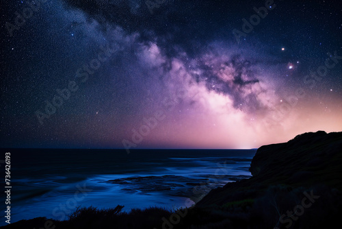Milky Way over the Atlantic Ocean with a rocky coastline in the foreground 