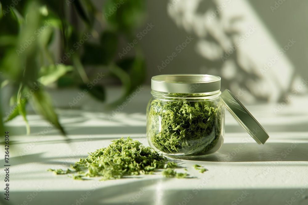 Dried cannabis hemp buds in glass jar Dried cannabis hemp buds in glass jar